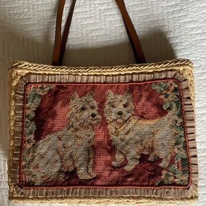 Cappelli Straw Purse with Yorkshire Terriers and Gold Charm Necklace